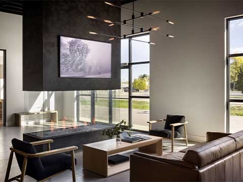 Modern living room with a leather couch